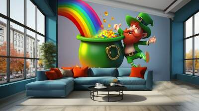 Happy St. Patrick's Day concept with leprechaun, gold pot and rainbow. Cartoon character. Pot full of gold coins at the end of a rainbow. Ai illustration, fantasy digital painting Wall mural