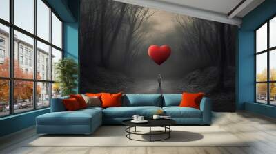 Lonely child on forest path, darkness, fog, creepy scenery. Big red heart as a balloon. Loneliness, hope, faith concept. Ai illustration, fantasy digital painting, Generative AI Wall mural