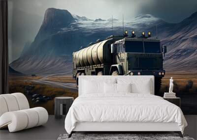 Army lorry truck car on mountain highway Wall mural