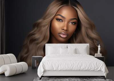 Beautiful African American woman with dyed and straight hair. Beauty of afro black girl with bob smooth hairstyle and toning. Keratin straightening. Treatment, care and spa procedures. Wall mural