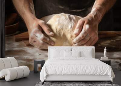 Beautiful and strong mens hands knead the dough make bread, pasta or pizza. Powdery flour flying into air. chef hands with flour in freeze motion of cloud of flour midair Wall mural