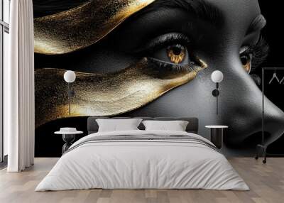 Beauty portrait of young gorgeous women. Golden and silver make up on black background. Wall mural