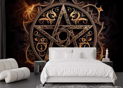 Black mass montage of occult Satanic pentagram materialising against a grunge texture background of alchemy symbols. Wall mural