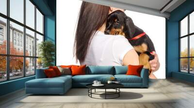 Brunette girl with her puppy isolated on white background Wall mural