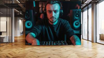 Charismatic DJ with headphones around his neck is mixing tracks on professional DJ console at vibrant club party. Wall mural