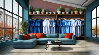 Colorful t-shirts and polo shirts. Preparation for the spring season. Shopping. Close-up. Selective focus. Clothing concept. Wall mural