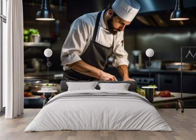 Cook man neatly decorates the dish. young professional chef adding some piquancy to meal. in modern kitchen, at work in uniform Wall mural