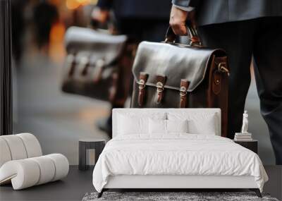 Detail of a businessman holding a leather briefcase. Wide image with large copy space Wall mural