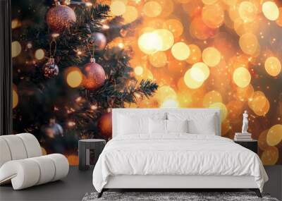 Documentary Photography of a Christmas tree adorned with ornaments, with a magical bokeh background of twinkling fairy lights, capturing the festive spirit Wall mural