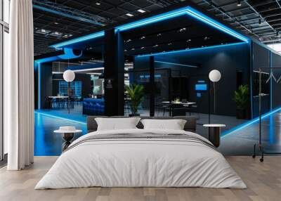 Exhibition stand with complex construction, in black and blue colors, lot of furniture, good lighting, modern style high contrast cinematic lighting Wall mural