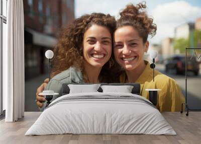 Fashionable and beautiful female twins posing near stylish restaurant outdoors. Two women wearing stylish looks, smiling at camera. Wall mural