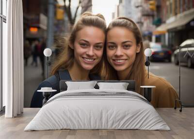 Fashionable and beautiful female twins posing near stylish restaurant outdoors. Two women wearing stylish looks, smiling at camera. Wall mural