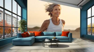 fit and happy middle aged woman running on the beach - 40s or 50s attractive mature lady with grey hair doing jogging workout enjoying fitness and healthy lifestyle at beautiful sea landscape Wall mural