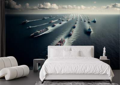 Fleet of cargo ships sailing ocean. Container nautical vessels with shipment of export goods making supply chain delivery. Merchant tankers transporting bulk freight for commerce trade across the sea. Wall mural