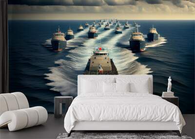 Fleet of cargo ships sailing ocean. Container nautical vessels with shipment of export goods making supply chain delivery. Merchant tankers transporting bulk freight for commerce trade across the sea. Wall mural