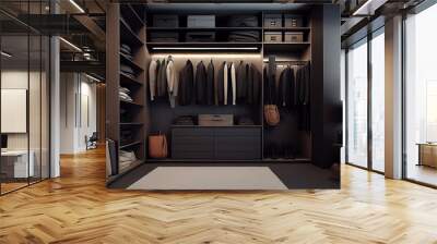 Front view of modern and large wardrobe in dressing room with fashionable clothes wear, shoes and bag Wall mural