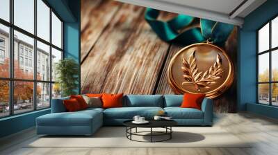 Gold demonstration trophy medals with ribbon for national or sport even organization competition. Award and victory concept Wall mural