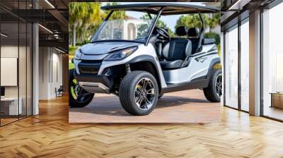 Golf cart on golf course at country club tourist resort. Healthy people golfer enjoy outdoor lifestyle leisure activity travel nature and play golf sport on summer holiday vacation. Wall mural