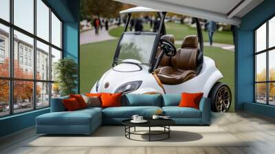 Golf cart on golf course at country club tourist resort. Healthy people golfer enjoy outdoor lifestyle leisure activity travel nature and play golf sport on summer holiday vacation. Wall mural