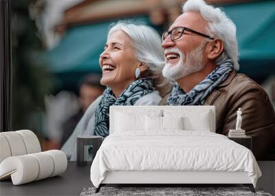 Happy senior couple in autumn park Generative AI Wall mural