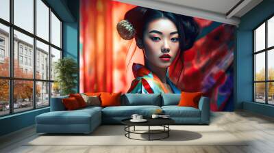 High Korean Fashion model woman in colorful bright lights posing in studio, portrait of beautiful sexy female with trendy make-up. Art design, colorful make up. Wall mural