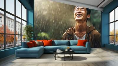 Image of positive young korean man smiling during rain in tropical forest. Cheerful male enjoying the rain outdoors. Generative AI Wall mural