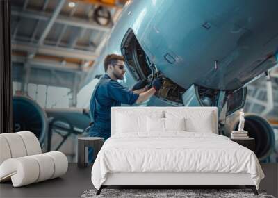 In Hangar Aircraft Maintenance Engineer Shows Technical Data on Tablet Computer to Airplane Technician, They Diagnose Jet Engine Through Open Hatch. They Stand Near Clean Brand New Plane. Wall mural