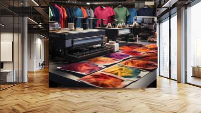 Innovation shirt and textile printer machine. Printshop office or workshop interior. Wall mural