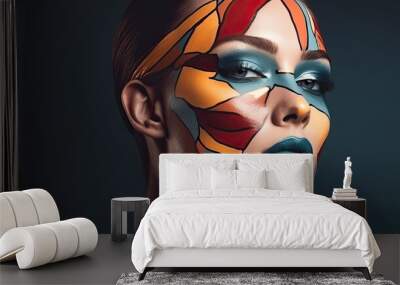 lady with abstract geometric faceart on color background Wall mural