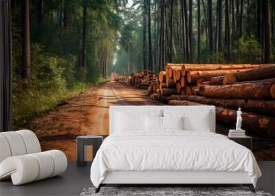 Log stacks along the forest road Generative AI Wall mural