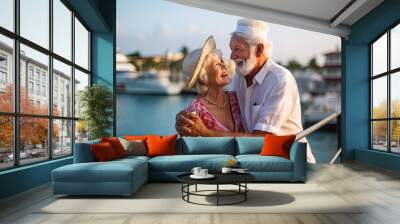 Married couple of American pensioners spend time on a tropical cruise on a huge liner, Summer vacation Generative AI Wall mural