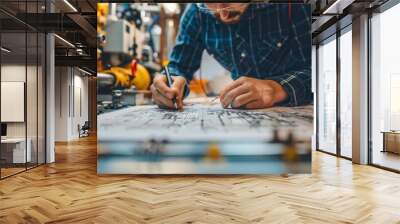 Pump and valve manufacturer drawing engineering plans for a pumping station in an office Wall mural