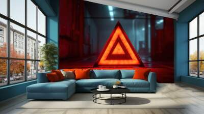 Red automotive safety triangle in perspective glowing on a dark background Wall mural