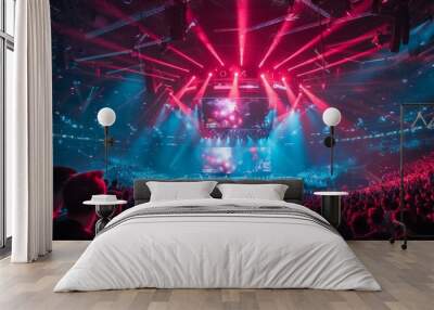 Rock concert at stadium with Bright stage lighting, crowded dance floor. Wall mural