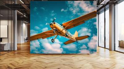 Single engine ultralight plane flying in the blue sky with white clouds. Wall mural