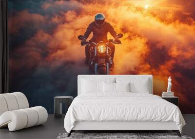 Surreal aerial motorcycle on road, motion blur, sunset, chrome parts, fog, smoke, movie lights and lighting, movie posters, top view Wall mural