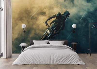 Surreal aerial motorcycle on road, motion blur, sunset, chrome parts, fog, smoke, movie lights and lighting, movie posters, top view Wall mural