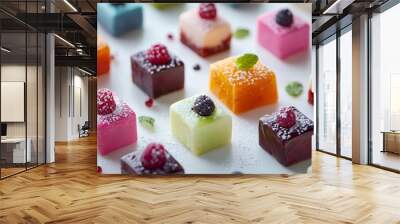 The image is a vibrant and appetizing close-up of assorted petit fours, each meticulously crafted and presented. The tiny cakes are topped with glossy, colorful glazes, some clear and shimmering Wall mural