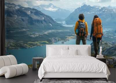 Travelers couple look at the mountain lake. Travel and active life concept with team. Adventure and travel in the mountains region in the Austria. Travel - image Wall mural