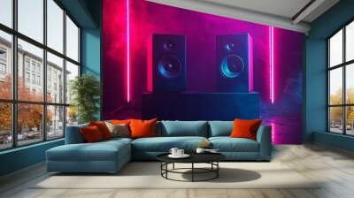 Two sound speakers and subwoofer on dark background with neon lights. Set for listening music. Audio equipment Wall mural