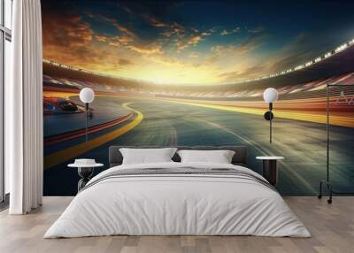 View of FORMULA 1 race ring. Driving a sport car. Asphalt road. Empty racing ring road background Generative AI Wall mural