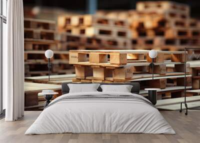 Wooden pallet stacked in empty warehouse closeup Wall mural