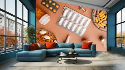 pharmaceutical in various dosage forms on a beige. the diversity of medication forms and the for healthcare and medicine products. Wall mural