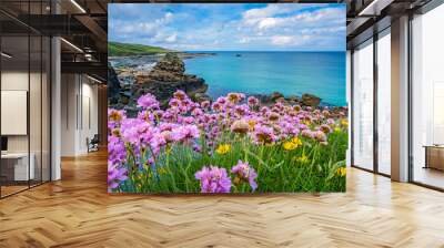 Pink sea thrift flowers on the sea coast Wall mural