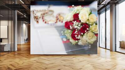 Wedding red and white roses bouquet Wall mural