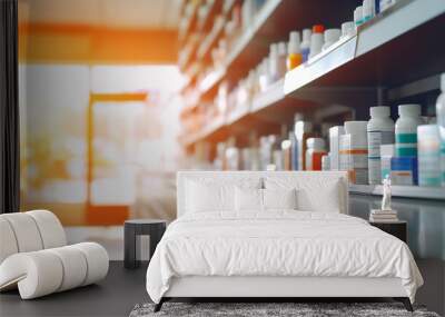 A drug store with medicine bottles lined up beautifully on the shelves. on a blurred background Concept of selling medicines, medical supplies, dietary supplements, medical equipment Close-up photo Wall mural