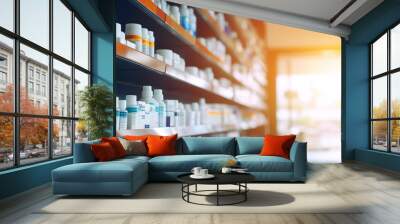 A drug store with medicine bottles lined up beautifully on the shelves. on a blurred background Concept of selling medicines, medical supplies, dietary supplements, medical equipment Close-up photo Wall mural