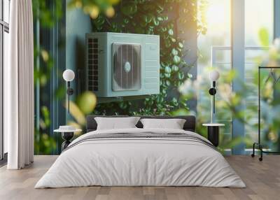 A modern air conditioner unit on the terrace of an apartment, surrounded by green plants and soft daylight Wall mural