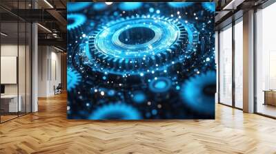 Abstract digital background with gears and cogs in blue color. Digital technology concept Wall mural