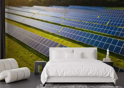 Solar power farm in the evening, fields of West Sussex, UK. Wall mural